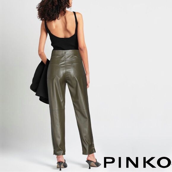 Pinko **NWT** Straight-leg Faux Leather Pant with Ankle Snaps in Military Green - Picture 3 of 7